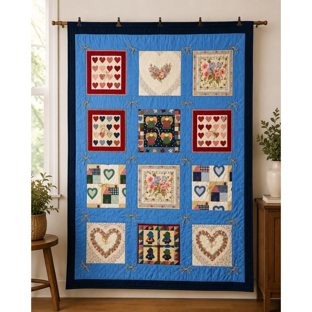 Vintage Patchwork Quilt Twin Blue‎ Hearts Floral Cottage Handmade 62x88